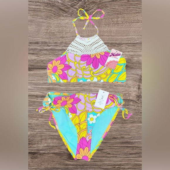 Hobie Girl Woodstock Floral Crochet High Neck 2-Pc Swimsuit Girl Sz: 16 NWT - Picture 2 of 7
